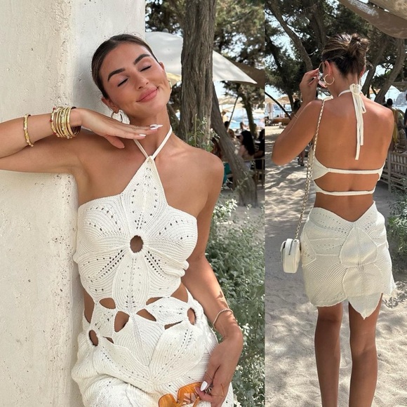 Cult Gaia Floreana Hand Crochet Knit Cutout Mini Dress Off White - Picture 8 of 13